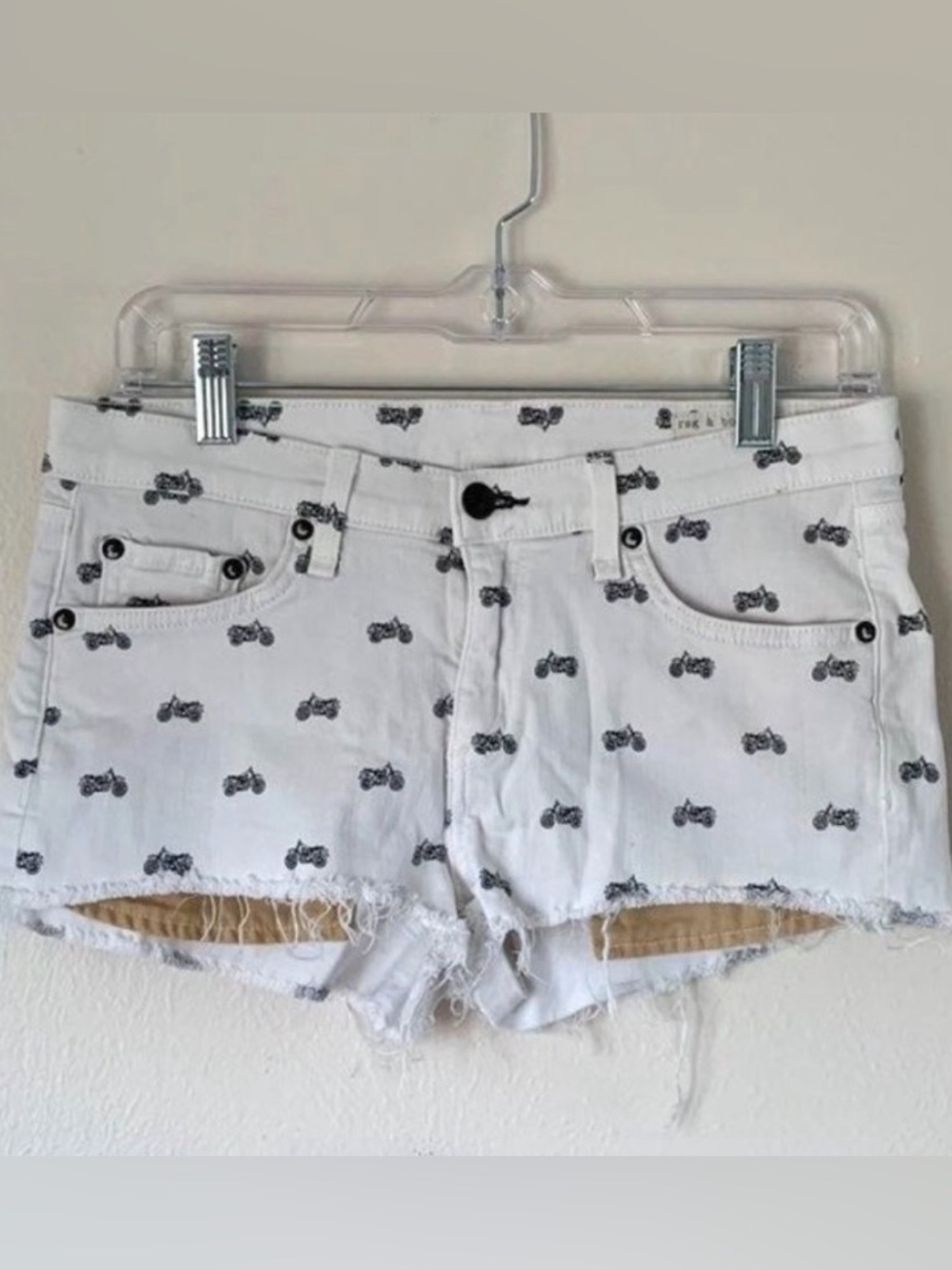 Rag & Bone 🏍 Jean Shorts sz26 waist White mid rise motocycle print